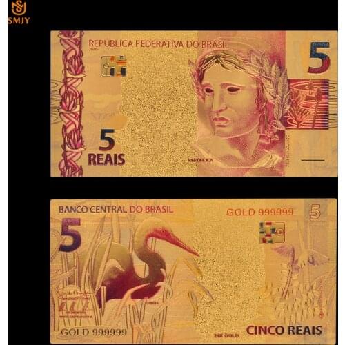Color Souvenir Gold Money Paper Brazil 5 Reals Banknote in 24K Gold Plated Paper Currency For Collection