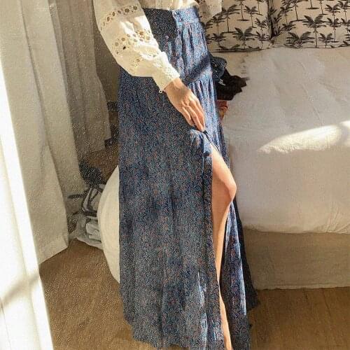 Elegant Print Skirt Women Ruffle High Waist Buttons Side Split Long Skirts Chic Vacation Retro Skirt jupe longue Romantique