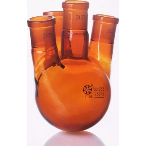 Brown Four-necked flask straight shape,with four necks standard grinding mouth,Capacity 250ml,Four ground mouth 24/29