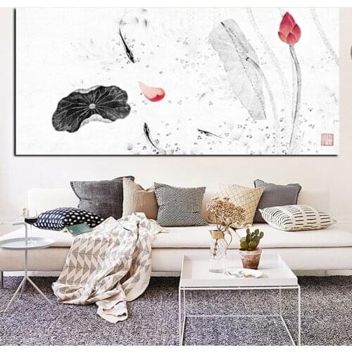 HD Print Large Traditional Chinese Calligraphy Painting Koi Fish Lotus on Canvas Wall Art Decor Picture For Living Room Sofa