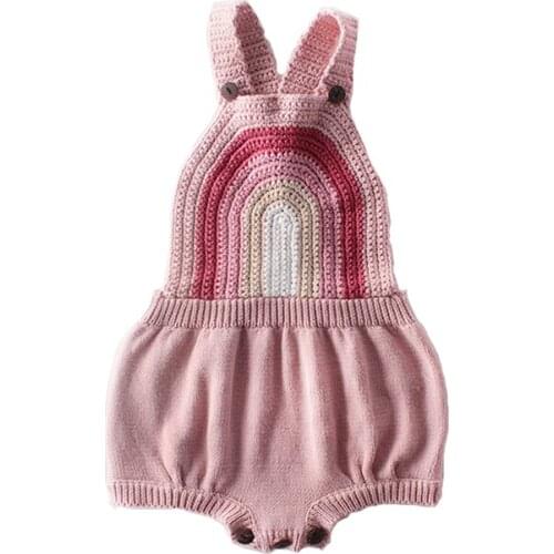 Pink rainbow embroidery suspender jumpsuit newborn baby boy/girls romper cotton knitted onesie toddler baby outfits pajamas