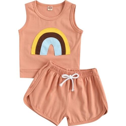 New 2Pcs Little Girls Outfit, Summer Toddlers Creative Rainbow Pattern Round Collar Sleeveless Top + Solid Color Shorts