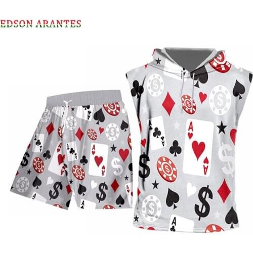 Plus Size S-6XL Men Women Sleeveless Hoodie Tank Tops + Shorts 2pcs Sets Custom Funny 3d Poker Print Summer Shorts tshirt Set