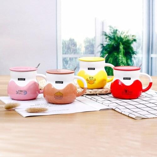 Korean New Style with Cover Coffee Mug Fashionable Ceramic Mug Cartoon Design Big Belly Mug