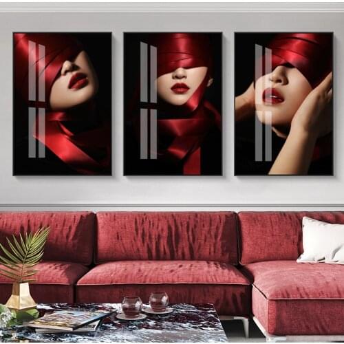 Red Ribbon Hat Beauty Woman Abstract Canvas Painting Printing Poster Pictures Wall Art Bedroom Living Room Home Decoration