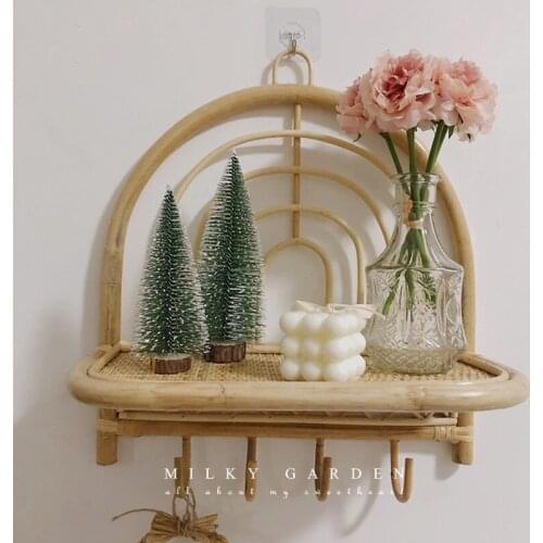 Homestay Style Keychain Wall Hook Punch-free Racks Handmade Retro Rattan Decorative Hooks Childrens Room Ornaments Key Holder