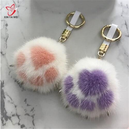 Real Mink Keychain Trinkets Cat Claw Keychain Fur Pom Pom Keychain Bag Cute Pendant Accessories 9 Color Free