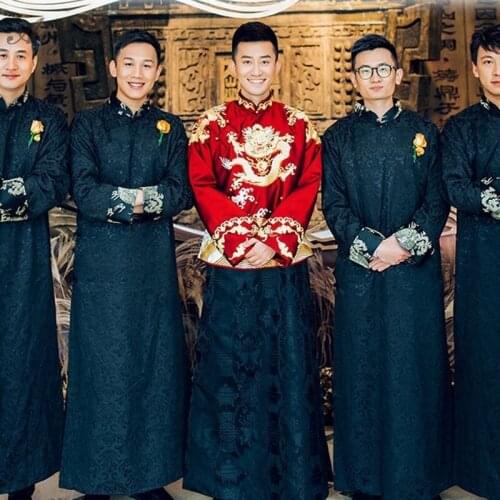 Oriental Style Groomsman Long Cheongsam Dresses Orientale Men Black Vintage Gown Man Chinese Traditional Marry Satin Dress Qipao