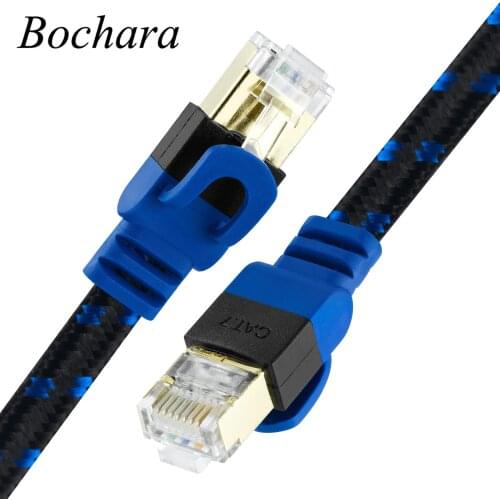 Bochara Gold Plated Fabric Braided Flat CAT-7 10 Gigabit RJ45 Ethernet Cable Male to Male For Modem Router LAN Network