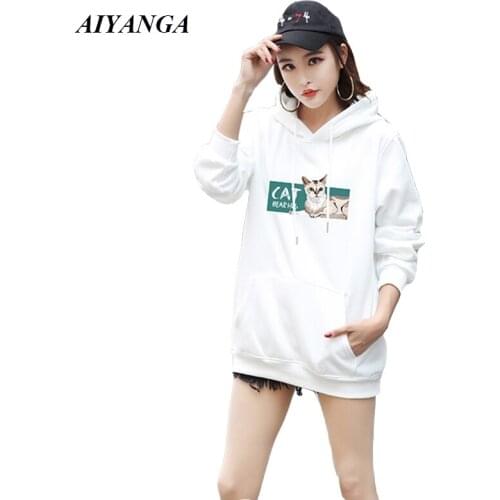 S-4XL Thicken Fleece White Hoodies Women 2018 Autumn Winter Hoodies Female Cat Print Casual Pullover Top Loose Sweatshirts