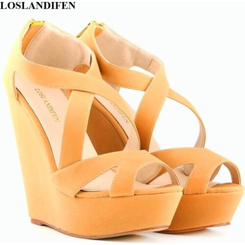 Soft Leather High Platform Womens Sandals 2021 New Concise Open Toe Solid Flock High Heels Shoes Womens Cut-Outs Wedges Sandal