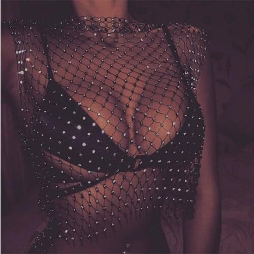 Sexy Crystal Diamonds Mesh Rhinestone Vogue Tank Top Women Summer Beachwear Bikini See Through Fishnet Net Party Club Crop Top