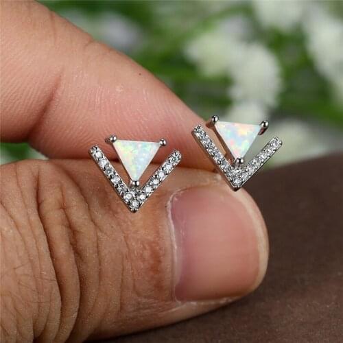 White Blue Opal Stud Earrings Geometric Small Triangle Stone Earrings Vintage Rose Gold Silver Color Wedding Earrings For Women
