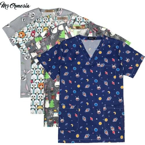 New blue cotton animal flower print uniform beauty salon nursing uniform lab uniform pet shop scrubs uniform work clothes