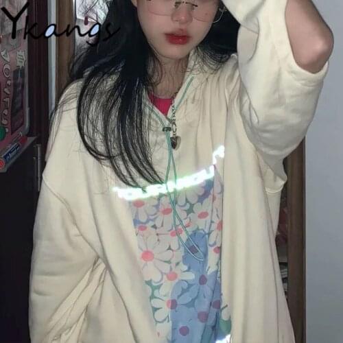 Reflective Letter Print Drawstring Long Sleeve Hollow Out Women Sweatshirt Graphic Flower Harajuku Street Fashion Hip Hop Hoodie