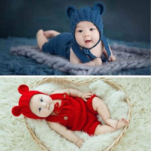 Baby Knitted Photo Props Infant Handmade Cotton Costume Newborn Photography Props Infant 100 Days Costume Pants and Hats 69HE