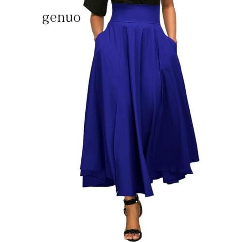 2020 Autumn Winter Women Blue Skirt Vintage Retro Plus Size High Waist Pleated Belted Long Maxi Skirt Back Bow Tie S-XXL