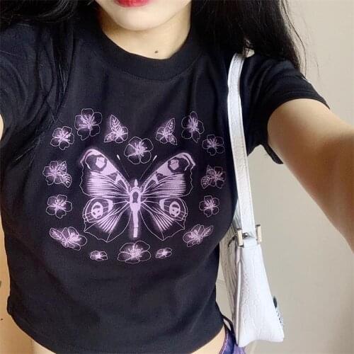Butterfly Crop Tops Harajuku casual streetwear tees Y2K aesthetic Gothic short sleeve hip hop plus size Ulzzang women clothing