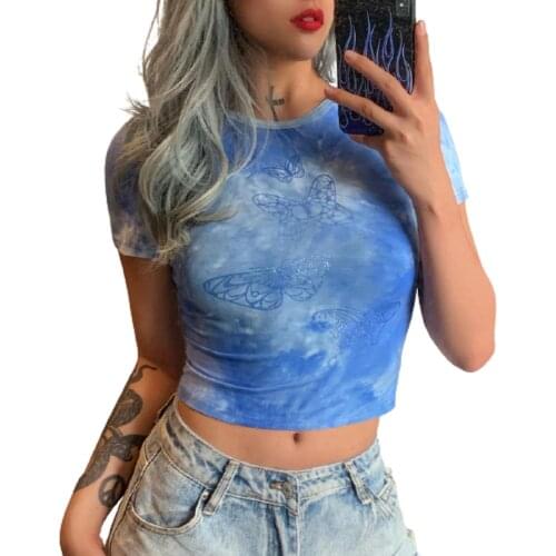 Women Close-fitting T-shirt, Green Butterfly Printed Pattern Round Collar Short Sleeve Crop Tops, S/ M/ L