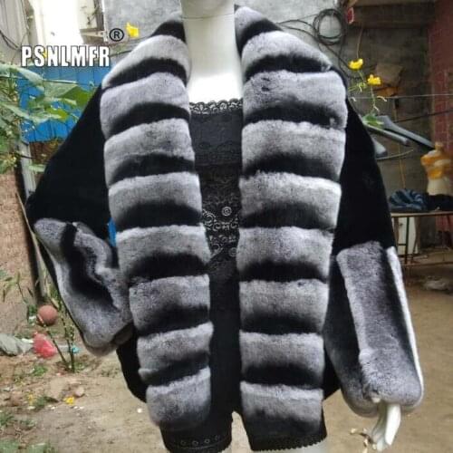 Chinchilla Color Black Real Rex Rabbit Fur Coat Full Pelt Womens Winter Jackets With Fur Big Collar Winter Genuine Fur Jacket