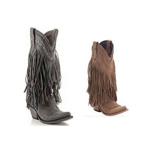 Women Suede Leather Gladiator Middle Boots Flat Thick Heel Fringe Riding Boots Slip-on Red Brown Tassel Boots Drop Ship