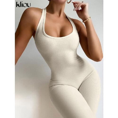 Kliou Striped Sporty Workout Halter Rompers Women Casual Active Wear Backless Sleeveless Playsuit Athleisure Biker Playsuits