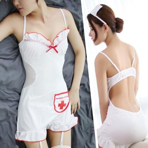 Lady Sexy Exotic Erotic Lingerie Nurse Role Play Nniform Costume Seduction Lace Nightdress Tight Backless Mesh Stockings Suit
