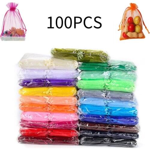 100pcs Solid Color Organza Gift Bag Customized Wedding Candy Yarn Bag Cosmetics Transparent Jewelry Storage Drawstring Bag