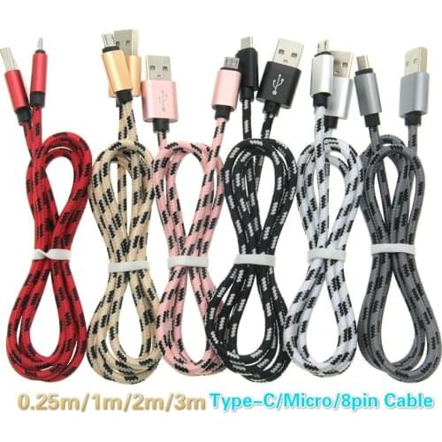 100pcs Type C Micro 8pin Charger 0.25m 1M 2M 3M Metal Head USB Braided Data Fast Charge Cable for Mobile Phones