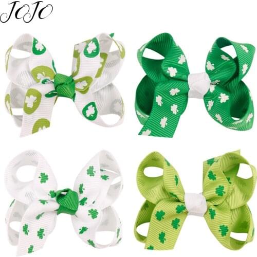 JOJO BOWS 4pcs DIY Craft Supplies Clover Printed Hair Bows For Kid Girl Headwear Clips Decoration DIY Handmade Hair Accessories