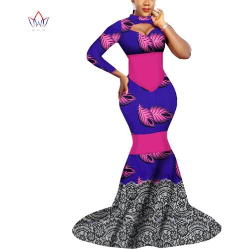 Bintarealwax African Dresses for Women Sexy Party Long Dresses Bazin Riche African Print Mermaid Clothing Plus Size WY892