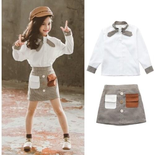 Girls Clothes Set Bow Blouse + Plaid Skirt 2PCS Clothes For Girls Spring Fall Teenage Kids Girls Clothes 4 5 7 9 11 13 Years Old