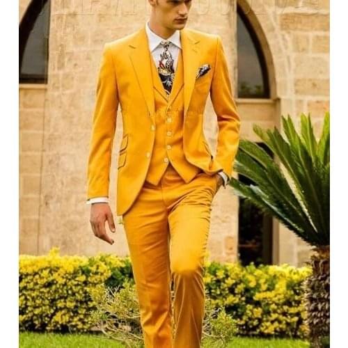2021 New Style Man Slim Suit Orange Peak Lapel Tuxedo Business Casual Evening Dress 3 Pcs (Blazers +Pant+Vest) Wedding For Man