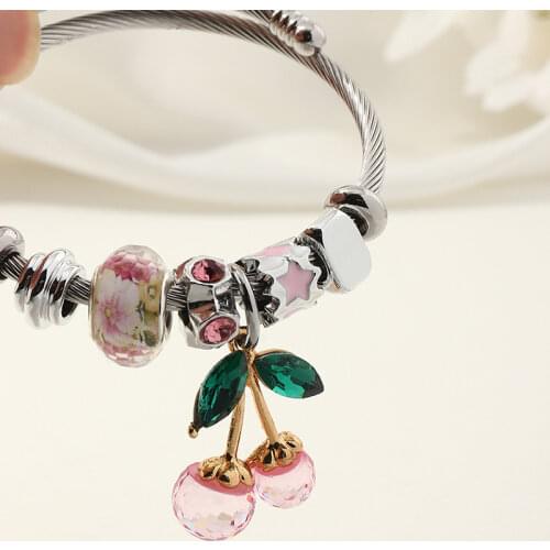 Original Charm Bracelet Cherry Flower Heart Crystal Beads Alloy Snake Chain Bracelets For Fashion Women Beaded Bangles Jewelry