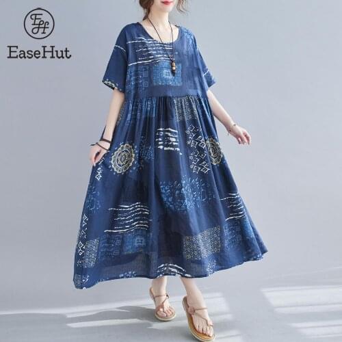 EaseHut Vintage Women Cotton Linen Dress Print O Neck Short Sleeve Pocket Loose Casual Sundress Maxi Dress Summer Loose Dress
