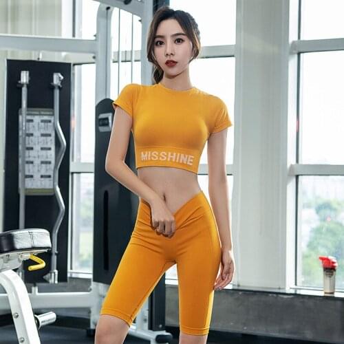 Sexy 2 Piece Yoga Set Women Short Sleeve Crop Top Shirt Seamless Sport Suit Workout Fitness Shorts Running Gym Sports Clothes