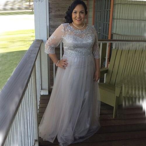 YiMinpwp Mother of The Bride Dresses O Neck 3/4 Long Sleeve Floor Length A Line Lace Tulle Women Wedding Guest Dress Plus Size