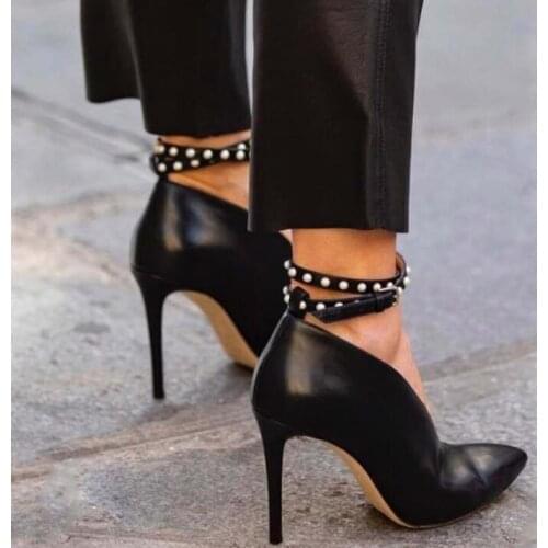 Carpaton Newest Pointed Toe High Heel Shoes Black Leather Ankle Strap Thin Heels Pumps Pearls Beaded V-neck Dress Shoes