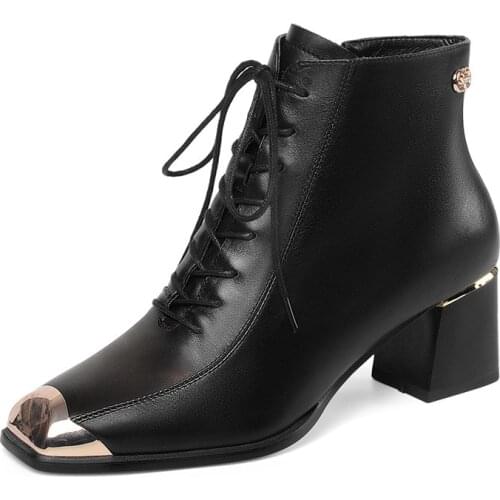 Genuine Leather Lace Up High Heels Female Metal Toe Ladies Ankle Boots Spring Autumn Shoes Woman Size 41 42 43 JXX46