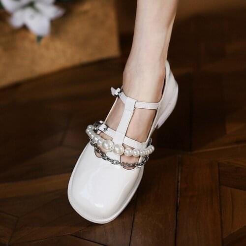 Autuspin Genuine Leather Mary Janes Shoes Woman 2021 Autumn Fashion Thick Heels Pearl Chain Decoration Punk Oxfords Footwear