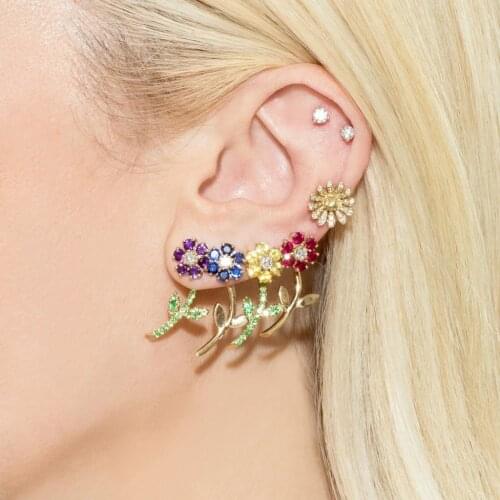 Fashion Multicolor Crystal CZ Flower Stud Earrings for Women Gold Metal Leaf Statement Blossoms Earrings Female Jewelry