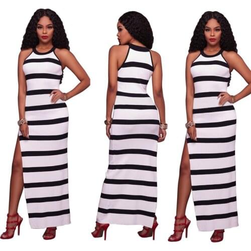 Summer Sundress Sleeveless Long Dresses Women Casual Fashion Black and White Stripe Print Sexy High Split Slim Fit Maxi Dress