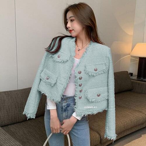 2021 Autumn Spring Tassel Plaid Tweed Jackets Women O-Neck Double Buttons Luxury Elegant Coats Office Lady Outwear