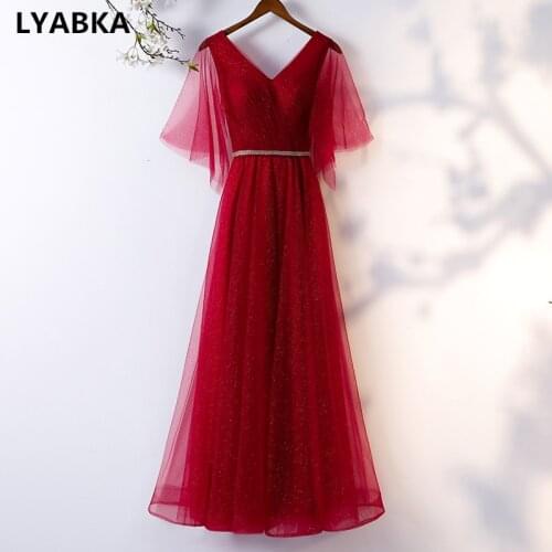 Evening Dress Elegant Robe De Soiree V-neck Burgundy Tulle Evening Dresses Long Dress 2019 New Design Lace-up Vestido De Festa