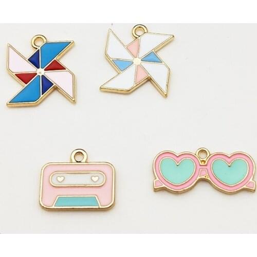 10pcs Kawaii Alloy Enamel Charms Pendants Windmill Radio Glasses Charms Fit DIY Earrings Bracelet Hair Jewelry Accessory FX278