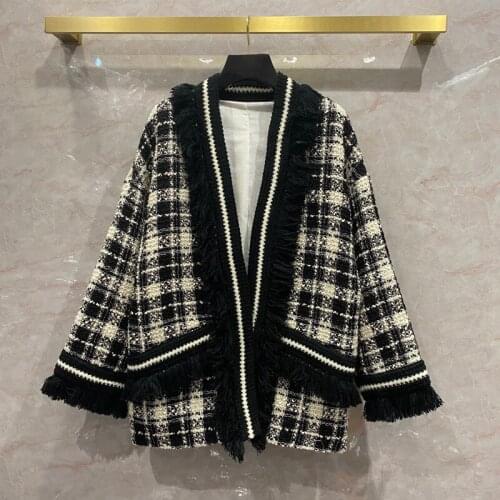 2021 Spring new desinger womens high quality wool plaid tweed coat hot fashion tassels overcoat C841