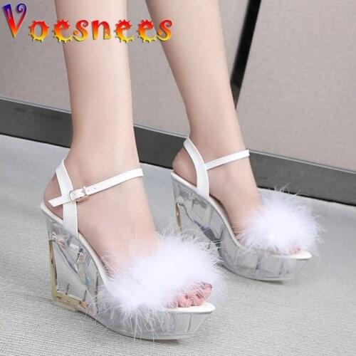 Voesnees Brand Pvc Wedges women shoes 2021 New Fur sandals Lovely Crystal Heel Platform Sandals High Heels 10cm Women Party Shoe