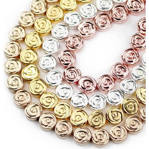 HGKLBB Natural Rose Flower Black Hematite Flat Round Stone charms loose Spacer Beads For Jewelry Making 8mm 48pcs Bracelets DIY