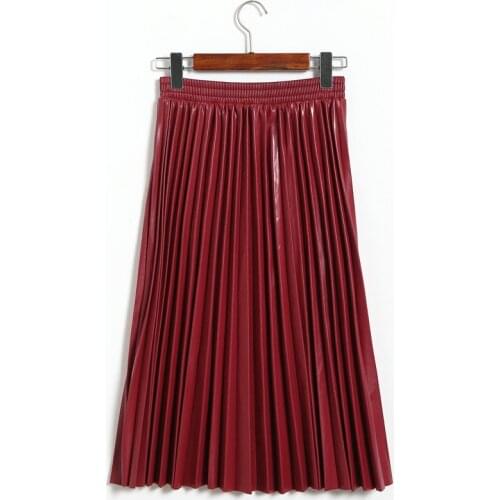Elegant Vintage All-match PU Leather Pleated Skirt Female 2021 Autumn Winter Elastic High Waist A-line Skirt Women Bottoms Skirt