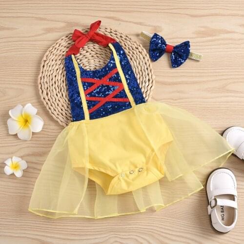 0-24M Baby Girls Romper Dress Headband 2pcs Sequined Patchwork Sleeveless Belt Lace Backless Jumpsuits